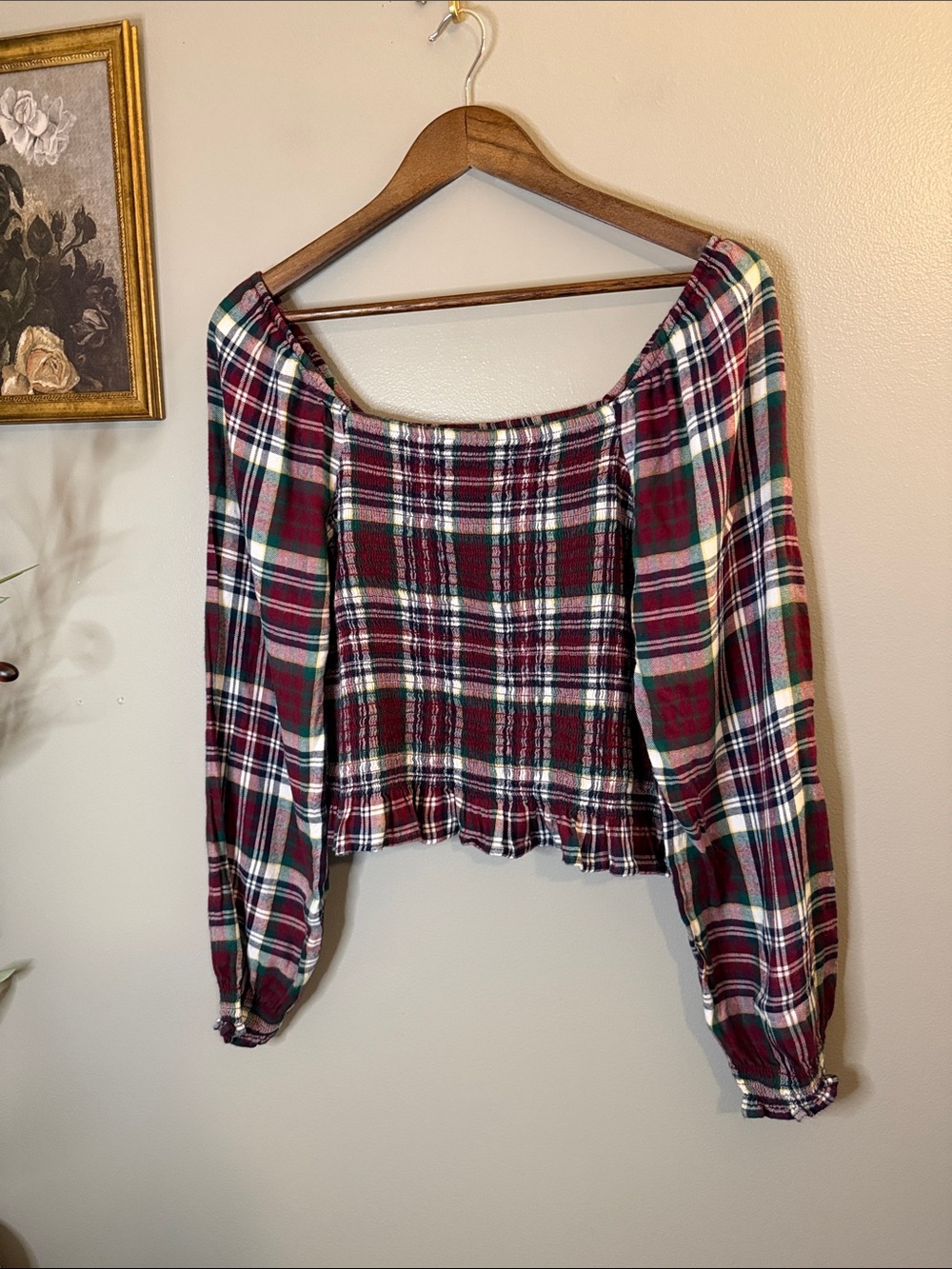 SO Goods for Life Plaid Smocked Off Shoulder Crop Top XL Cottagecore Fall - Picture 4 of 8